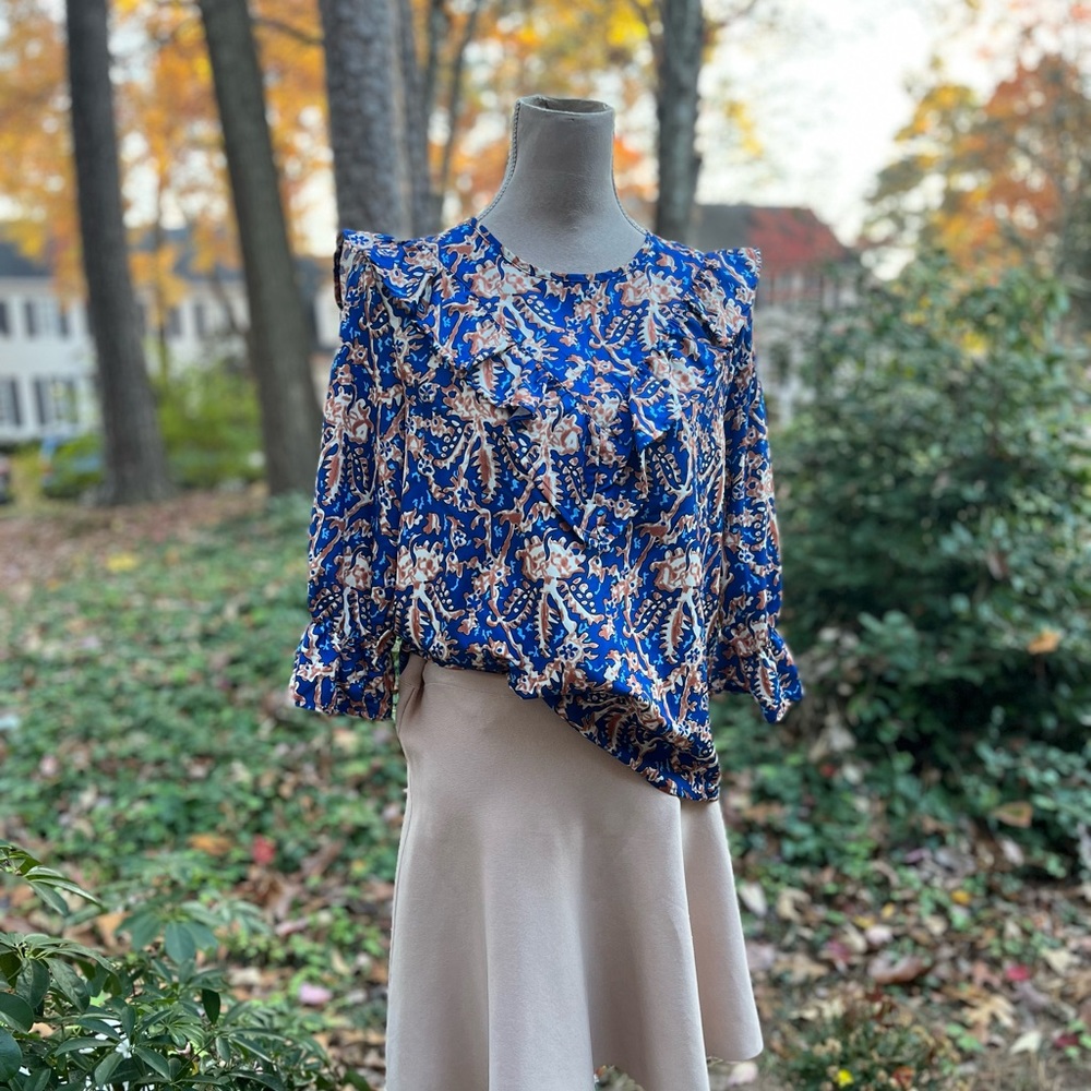 SHEIN Ruffle Blouse, Blue Print, EUC, Large